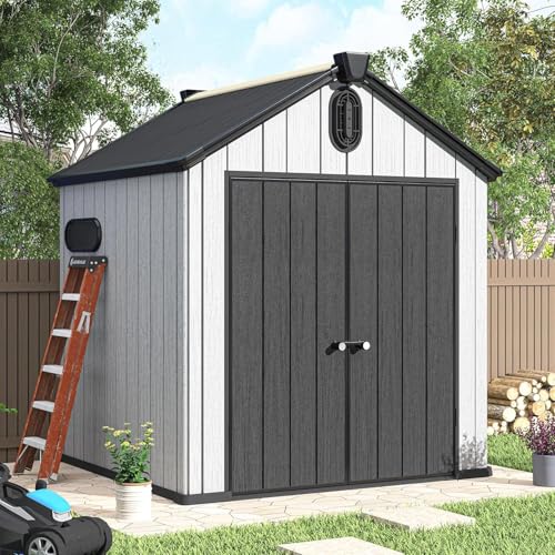 UDPATIO 6x6 FT Outdoor Storage Shed, Resin Plastic Shed with Floor Air Vents Side Windows Skylights Lockable Doors, Backyard Patio Garden, Grey