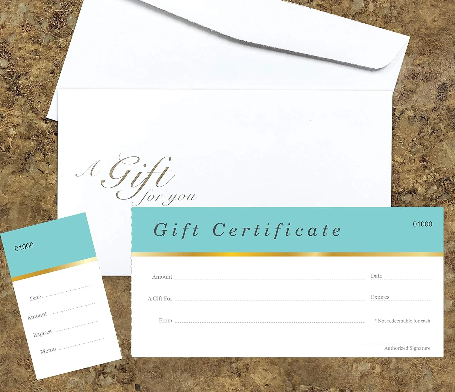 Blank Gift Certificates 25 Set- Aqua Blue - Comes With Matching Envelopes - Gift Coupons,Vouchers Fot Small Business