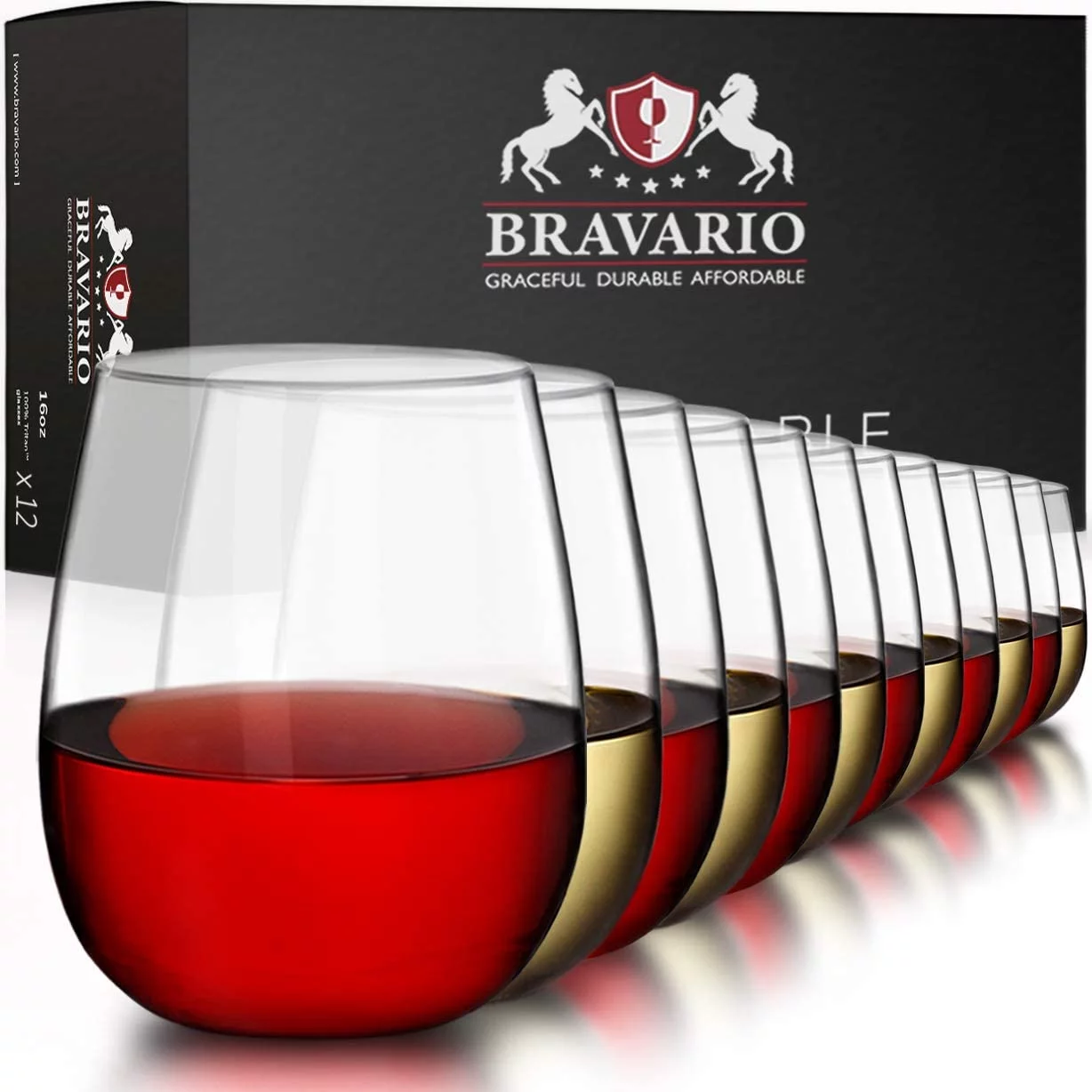 Bravario Unbreakable Plastic Wine Glasses, 16 oz BPA-Free Stemless Tritan Tumbler, Set of 12