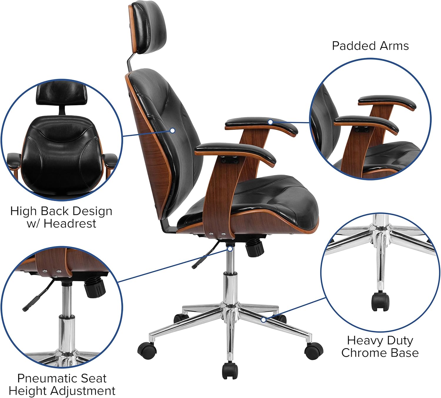 Flash Furniture High Back Black LeatherSoft Executive Ergonomic Wood Swivel Office Chair with Arms