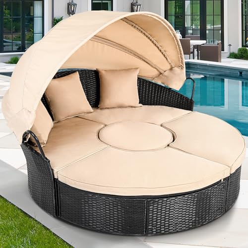 YITAHOME Outdoor Patio Wicker Daybed Furniture Set with Retractable Canopy, Storable Side Table, and Soft Cushions for Relaxing in your Backyard or Porch, Light Brown and Beige