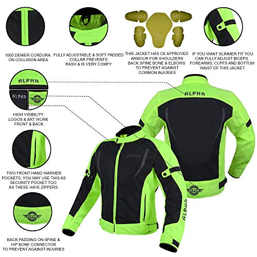 ALPHA CYCLE GEAR HI VIS MESH MOTORCYCLE JACKET FOR MENS RIDING BIKERS RACING DUAL SPORTS BIKE ARMORED PROTECTIVE (RED, 4X-LARGE)