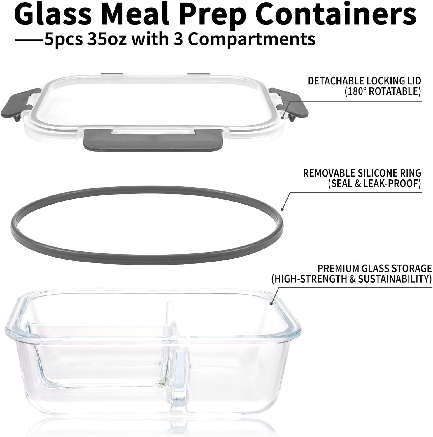 Moretoes Glass Meal Prep Containers, 5-Pack 3 Compartments Meal Prep Containers Glass with Lids, 35oz Meal Prep Containers Reusable, Bento Box Adult Lunch Box for Freezer & Ovens, Grey