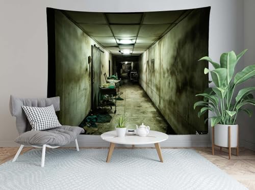 Loccor Abandoned Hospital Tapestry Dark Psychiatric Hospital Corridor Halloween Haunted Asylum Tapestry Horror Halloween Escape Room Theme Party Decorations Horror Home Decor 118''x78''