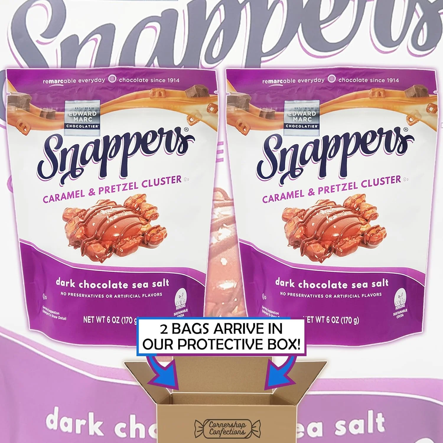 Snappers Dark Chocolate Sea Salt Caramel And Pretzel Cluster 2 Bag Bundle Pack - 2 Bags Of Delicious Snappers Treats - Chocolate, Caramel, & Pretzel Snack - In Protective Box
