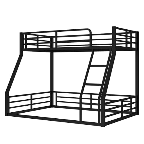 Heavy Duty Bunk Bed Frame with Ladder, Twin XL Over Twin XL Bunk Beds with Safety Guardrails, Adults Bunk Beds with Noise-Reducing Rubber Stoppers, Easy Assemble, Black