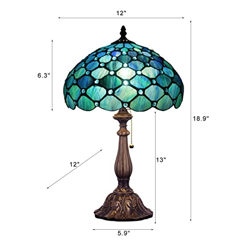 Tiffany Table Lamp Stained Glass Lamp 12X12X19 Inch Antique Reading Light (Sea Blue Pear)