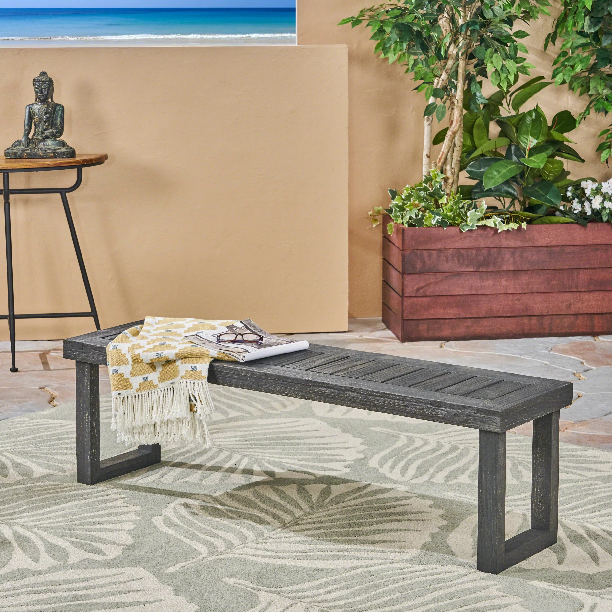 GDF Studio Josette Outdoor Acacia Wood Bench, Sandblasted Dark Gray