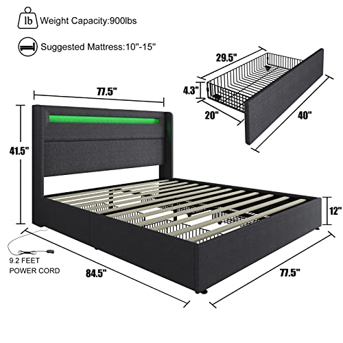 Queen LED Bed Frame with Wingback Headboard, Upholstered Platform Bed with 4 Storage Drawers & Charging Station, App/Remote Control, Box Spring Optional, Dark Grey…