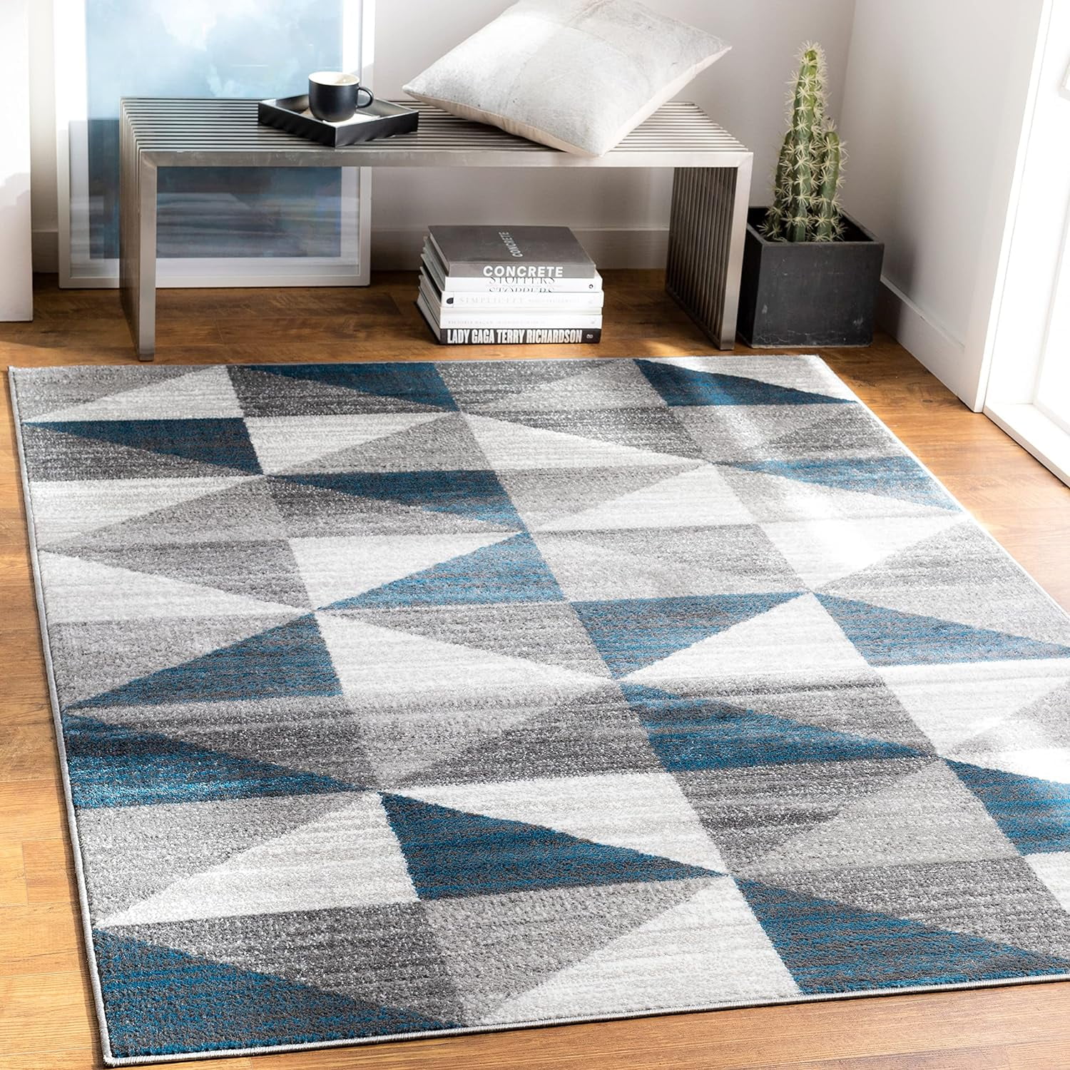 Area Rugs, 7X7 Davidson Modern Sky Blue/Navy Square Area Rug, Grey White Blue Carpet For Living Room, Bedroom Or Kitchen (6'7