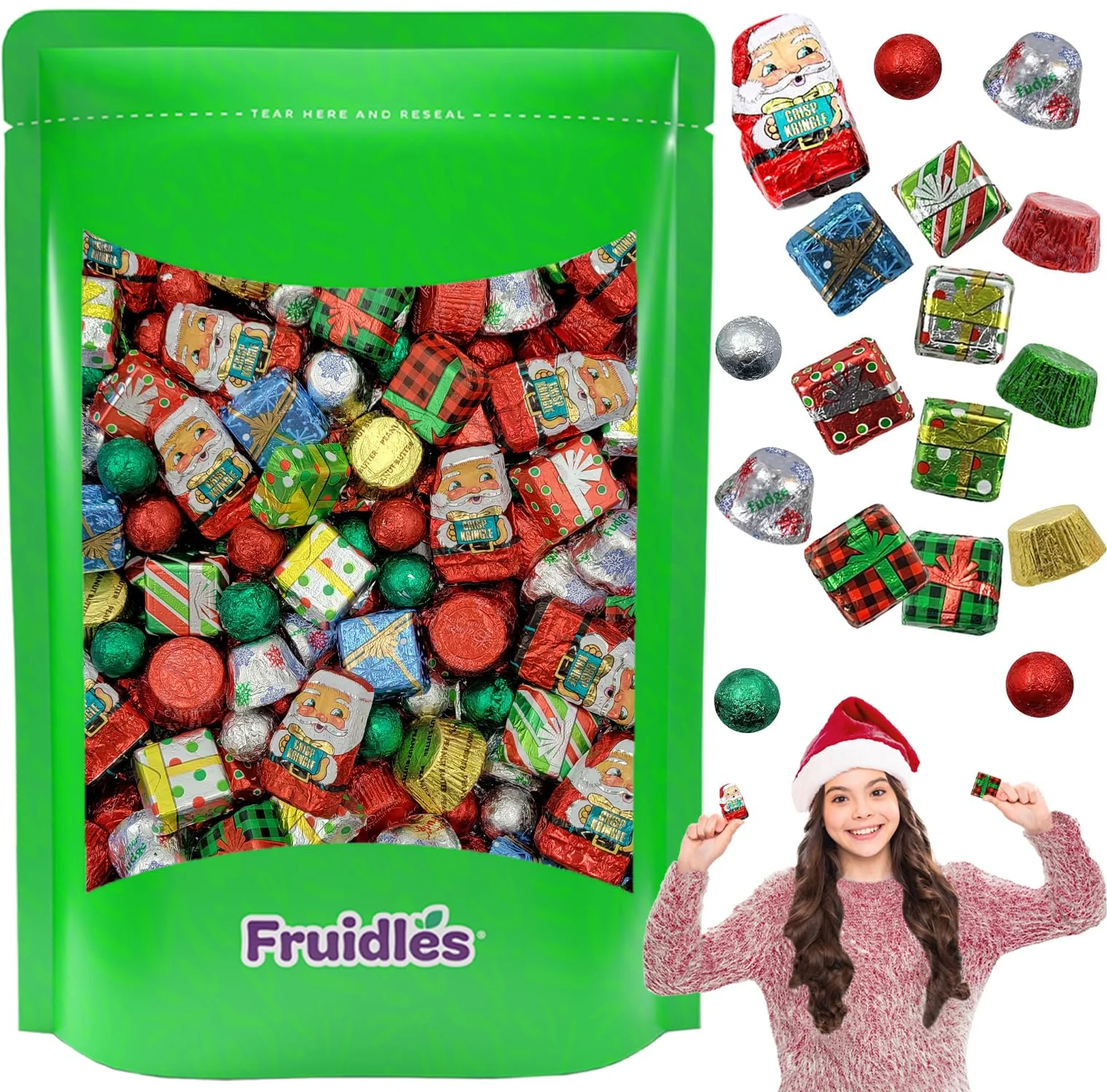 Christmas Milk Chocolate Holiday Variety Pack Party Bag Fillers, Individually Wrapped Foils, Kosher Certified Dairy In Resealable Bag (1 Pound)