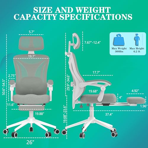 Ergonomic Office Chair - Adjustable Lumbar & Headrest, 90-160° Reclining with Footrest, Breathable Mesh Back - Home Office/Gaming Computer Chair (Black, 300lbs Capacity)