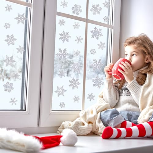 Whaline 32Pcs Christmas Snowflake Thick Gel Clings Winter Blue Snowflake Reusable Window Decals for Home School Classroom Nursery Decor Xmas Party Supplies, 2 Sheets