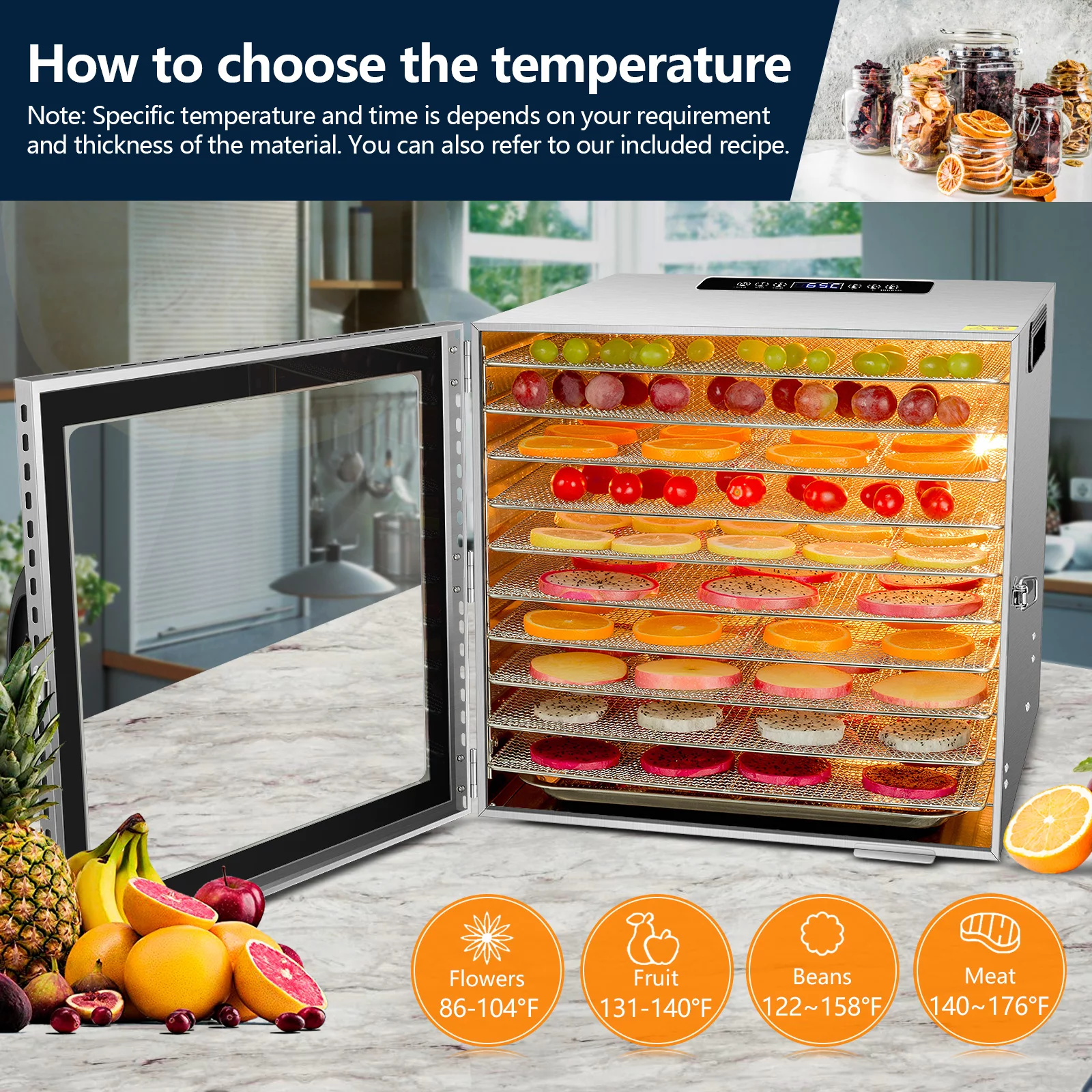 KWASYO Food Dehydrator 10 Tray Stainless Steel 55L Fruit Meat Jerky Dryer