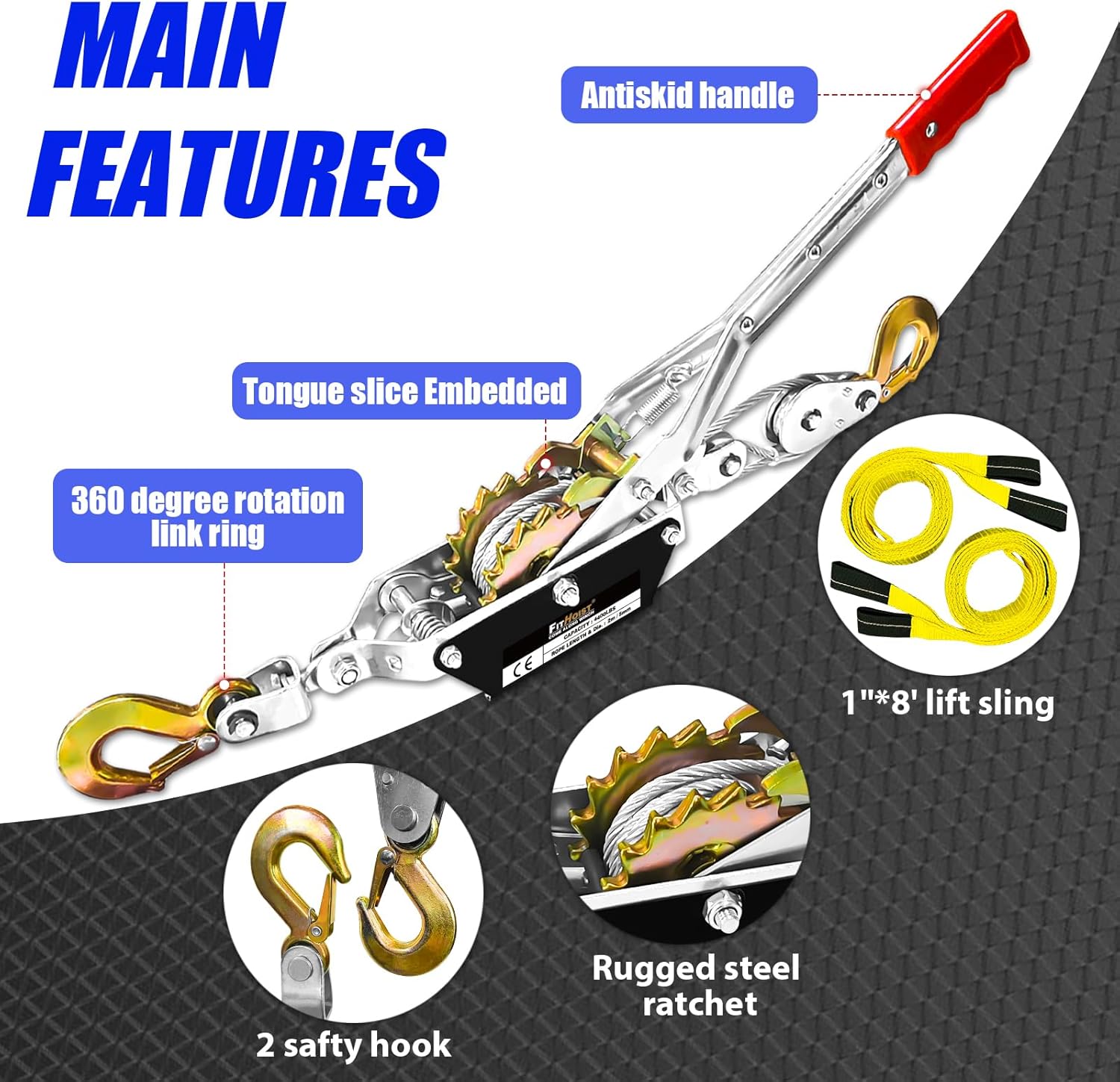 Come Along Winch Ratchet Tool 2T Heavy Duty 2 Hooks Steel Cable Dual Gear Power Puller Two 1