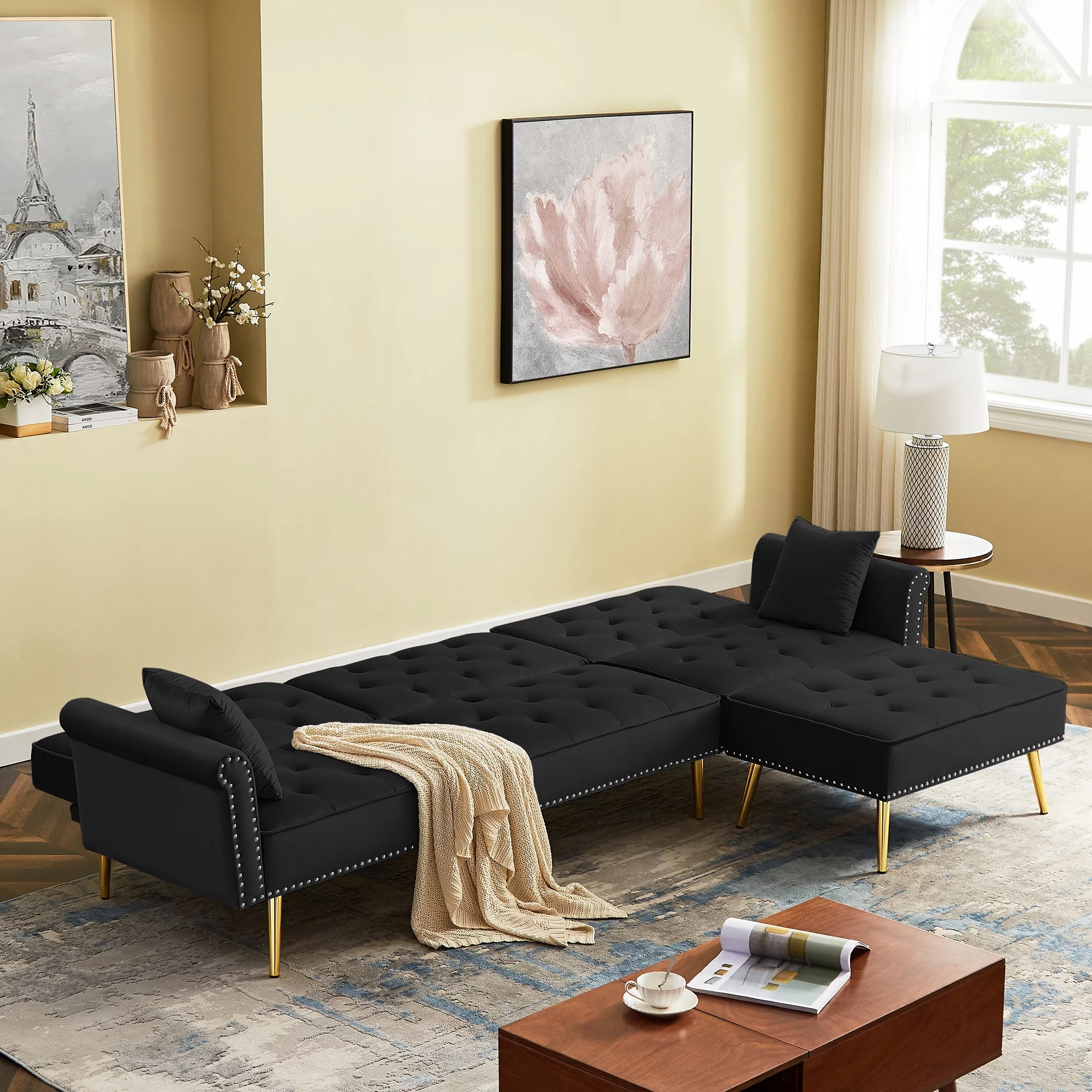 Lecut 110” Velvet L Shaped Modern Reversible Sectional Couch with Removable Ottoman Nailhead Trim 3 Seater Sofa with Metal Gold Legs black