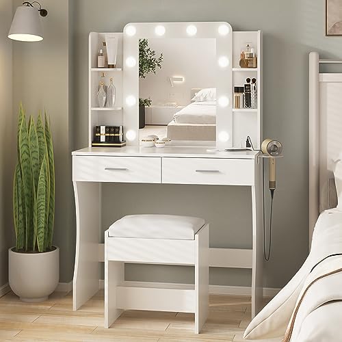 Vabches Vanity Desk with Lights,Makeup Vanity with Power Strip,Dressing Table Set with 2 Large Drawers,Vanity Mirror 3 Lighting Color Adjustable,White