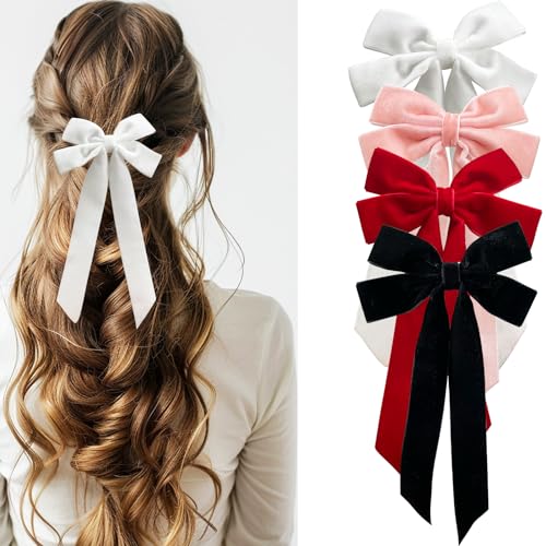 Jseng 4PCS Velvet Hair Bow for Women, Velvet Bow Hair Clips, White Pink Red Black Ribbon Bows for Hair Metal Clips