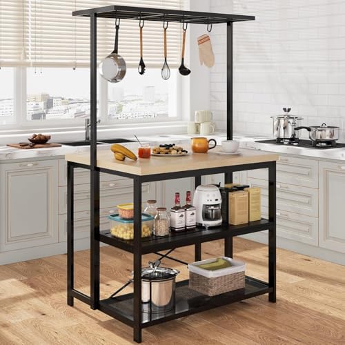Kitchen Island with Storage, Bakers Rack with Power Outlet, Island Table for Kitchen,3 Tier Microwave Stand Oven Shelf,Large Coffee Bar Table, Storage Shelf for Kitchen Dining Room Living Room,5 Hooks