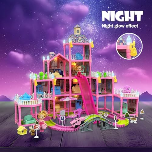 Dream Dollhouse, Racing Track, Dolls House playset with Toy Furniture and 4 Level Slide, Furniture, 3 Doll and 1 Buggy Toy and 10+ Tracks Pet and Puppy Play Area 13 Rooms