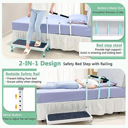 Bed Step Stool with Rail for High Beds Adults Elderly Bedside Assist Step Up Foot Stool with Handle Medical Bed Stairs Helper Stepping Stool with Handrail Bed Railing Handicap Wide Step Ramp - 400lb