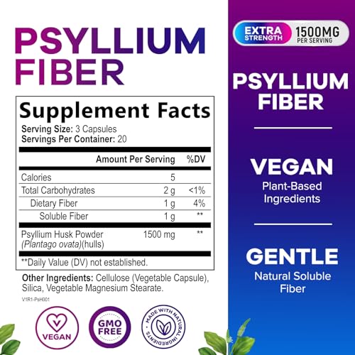 Psyllium Husk Powder Caps 1500mg - Non-GMO, Natural Soluble Fiber for Daily Digestive Health & Regularity Support, Vegan Psyllium Fiber Supplement with Plant Based Fiber, Sugar Free - 120 Capsules