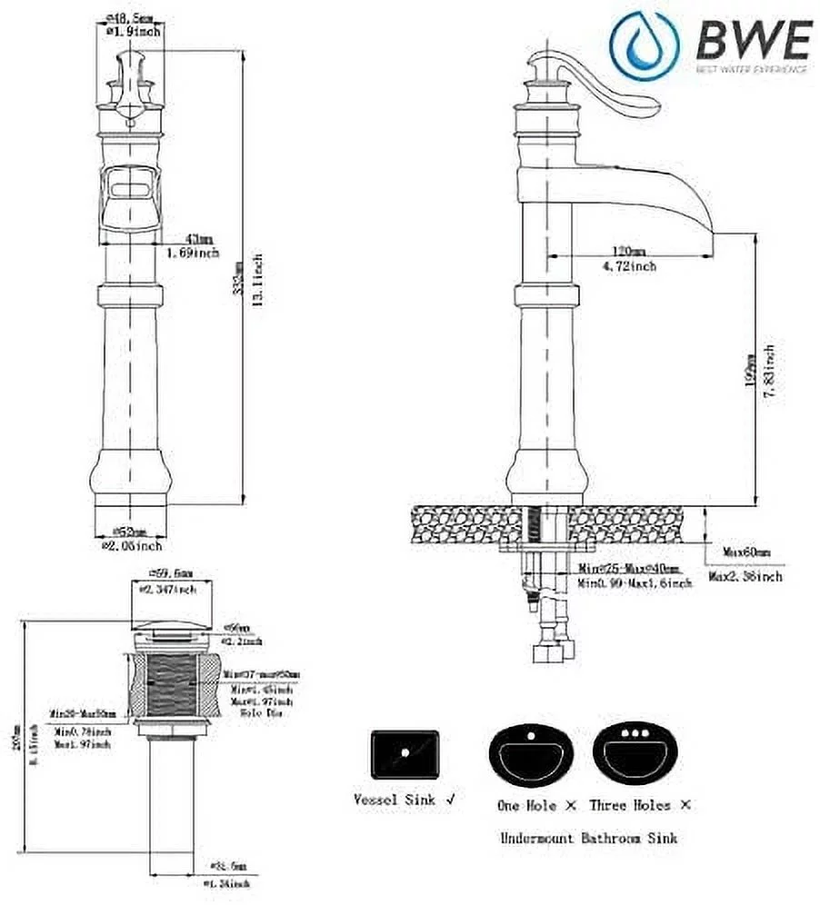 Oil Rubbed Bronze Vessel Sink Faucet Waterfall with Pop Up Drain Assembly and Single-Handle Hole Supply Hose Lead-Free Vanity Lavatory Bathroom Faucet Mixer Tap