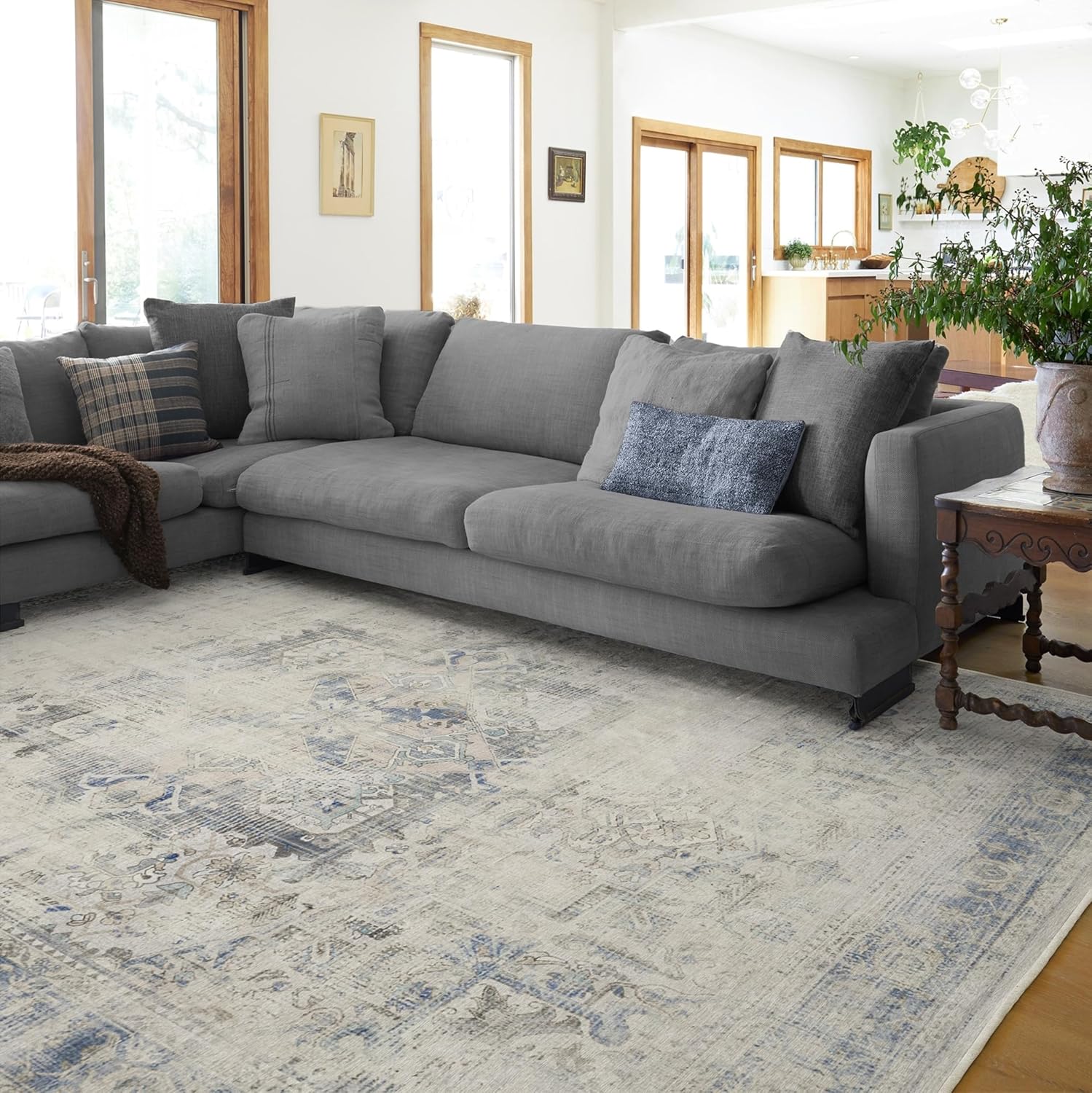 RUGGABLE Kamran Washable Rugs 8x10 - Non Slip, Vintage Machine Washable Area Rug, Living Room, Bedroom, Dining Room, Kitchen, Indoor Large Area Rug, Blue Quartz 8'x10' (Standard Pad)