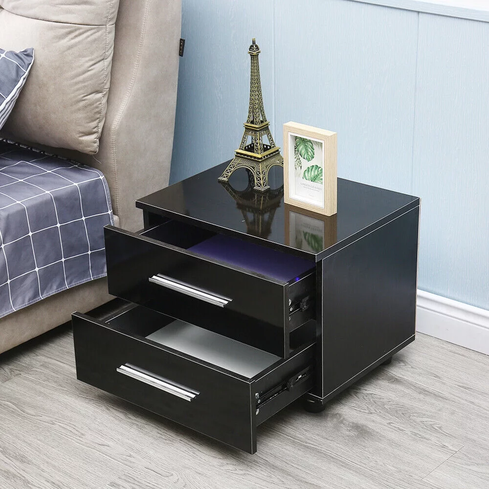 Modern High Gloss Nightstand 2 Drawers Bedside End Table Bedroom w/RGB LED Light