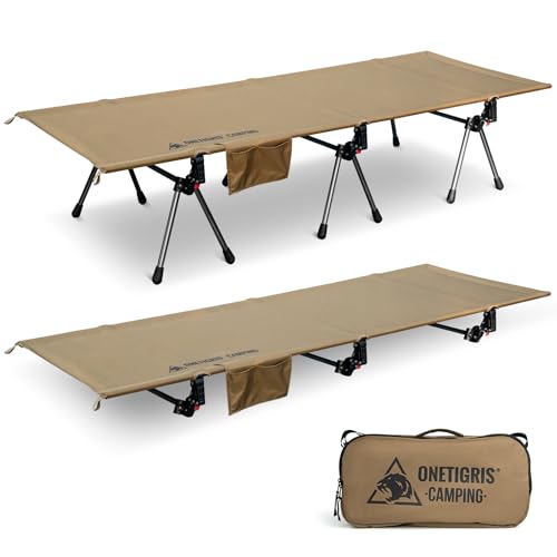 OneTigris SUPRANUBIS Camping Cot, Height Adjustable with Cot Leg Extenders, Strong Support 330lbs, Portable Folding Bed for Camping, Hiking, Travel, Truck, Beach, Office Nap (Ranger Green)