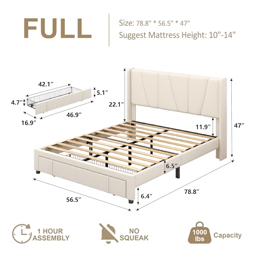 Queen Bed Frame with Storage Drawers, Upholstered Platform Bed with Headboard and Wingboard, No Box Spring Needed, Noise Free, Easy Assembly, Wooden Support Slats, Beige