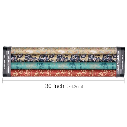 RUSPEPA Christmas Kraft Wrapping Paper - Owl, Reindeer, Christmas Ball and Text Design - 4 Rolls - 30 inches x 10 feet per Roll