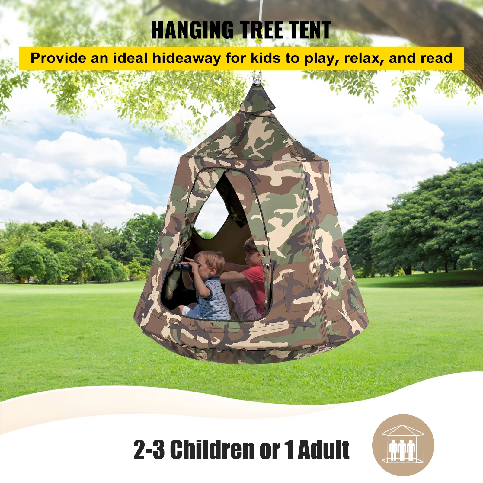 VEVORbrand Hanging Tree Tent, Max 440 lbs House Tree Tent Swing, Hangout Hugglepod with LED Rainbow Decoration Lights Inflatable Cushion, Ceiling Hammock Tent Suit for Kids & Adult Indoor Outdoor