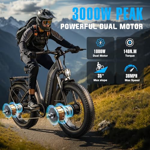 Dual Motor Electric Bike for Adults, 1600W/3000W Peak 52V 20AH Battery E Bike 26