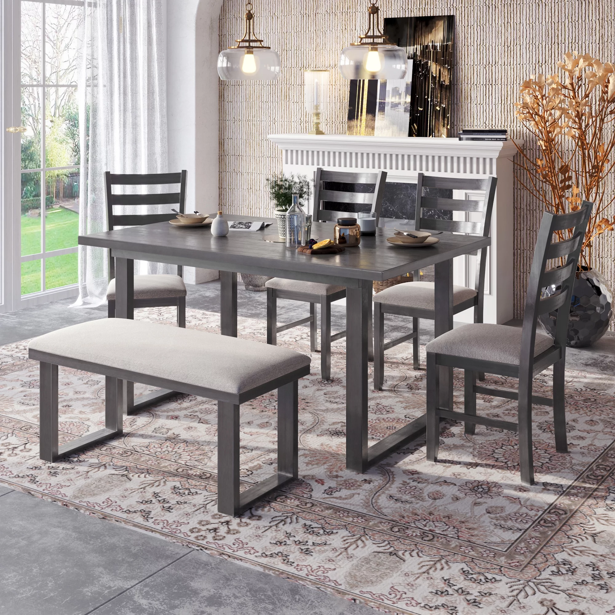 CoSoTower 6-Pieces Family Furniture, Solid Wood Dining Room Set With Rectangular Table & 4 Chairs With Bench, Gray
