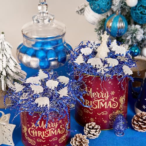 PAPER FAIR 1LB Metallic Red Green Christmas Crinkle Cut Paper Shred Filler w/Tree & Snowflake Confetti, Gift Wrap Packaging Raffia Tissue Strand, Craft Bedding Cushion, Winter Birthday Box Basket