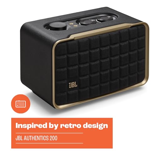 JBL Authentics 200 - Retro Style Smart Home Speaker with Built in Wi-Fi, Bluetooth and Voice Assistants, Alexa and Google Assistant, Multi-Room Playback, Automatic self tuning (Black/Gold)