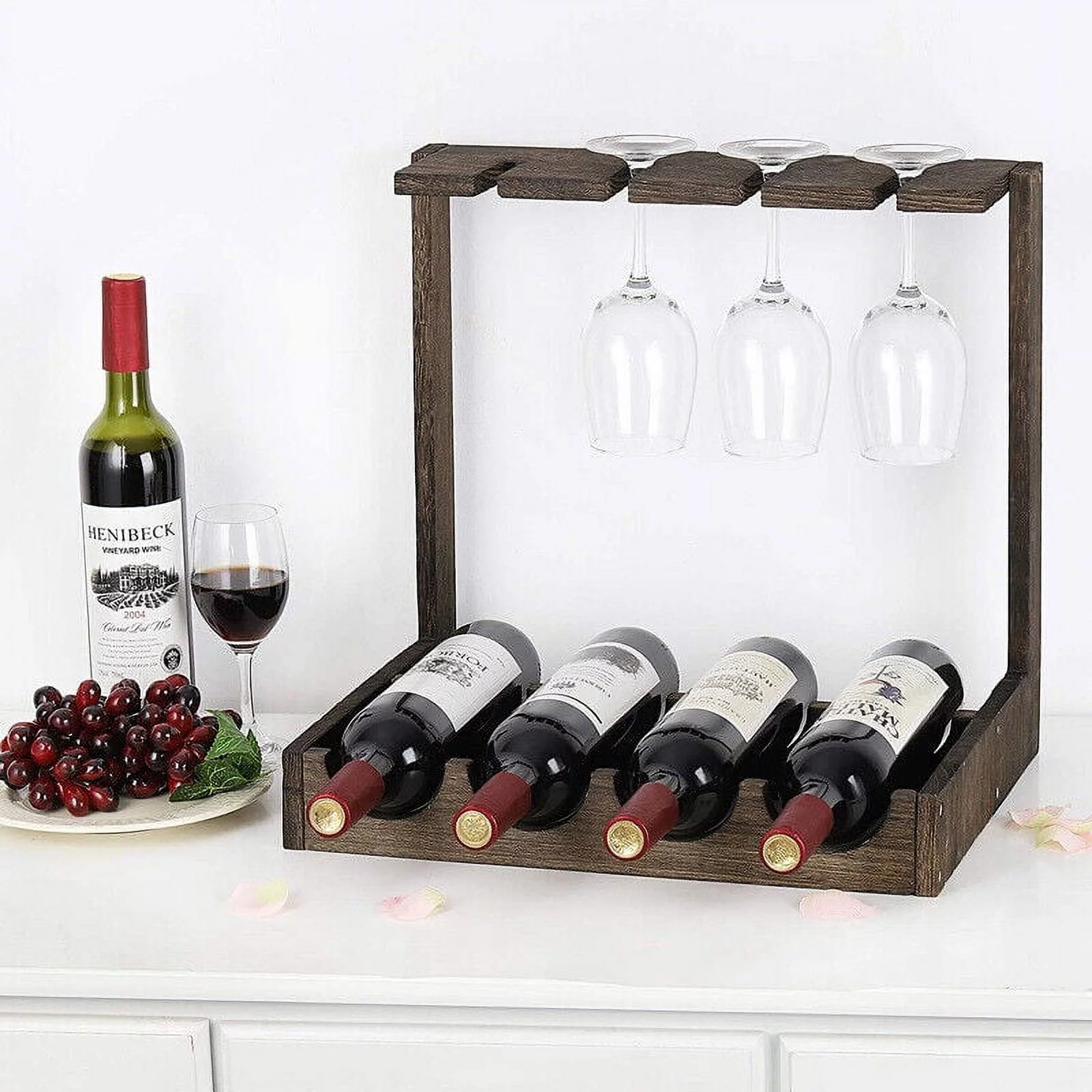Countertop Wine Rack w/4 Glass Holder 4 Bottles for Home Decor & Kitchen Storage