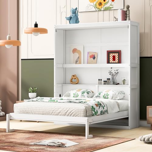 Murphy Bed Full Size, Cabinet Bed Frame with Storage Shelves, Modern Wood Foldable Wall Bed for Home Office Studio, White