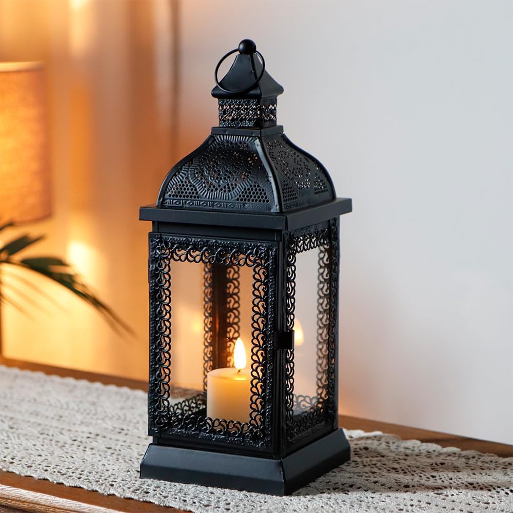 TRIROCKS Rustic Style Metal Candle Lantern 13'' High Decorative Outdoor Lantern Candle Holder with Tempered Glass for Thanksgiving Christmas Living Room Garden Patio Parties Indoors Outdoors (Black)