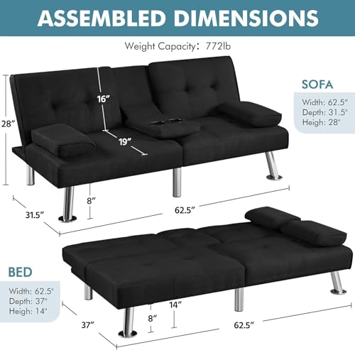 Yaheetech Convertible Sofa Bed Adjustable Fabric Couch Sleeper Modern Recliner Reversible Loveseat Folding Daybed Guest Bed, Removable Armrests, Cup Holders, 3 Angles, 772lb Capacity, Dark Gray
