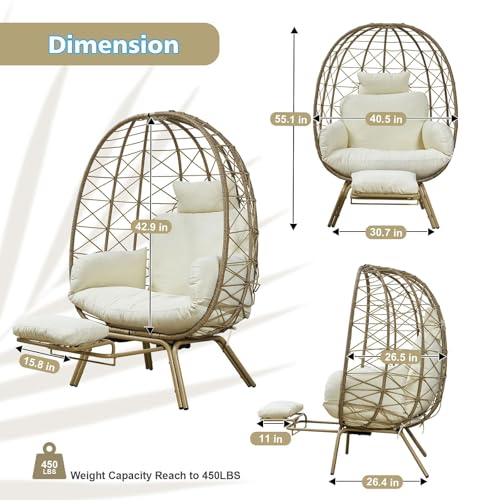 Wicker Egg Chair with Cushion & Footrest - Oversized 450lb Capacity Boho Hanging Chair for Indoor/Outdoor - Beige Rattan Lounge Seat for Patio, Balcony, Garden, Home