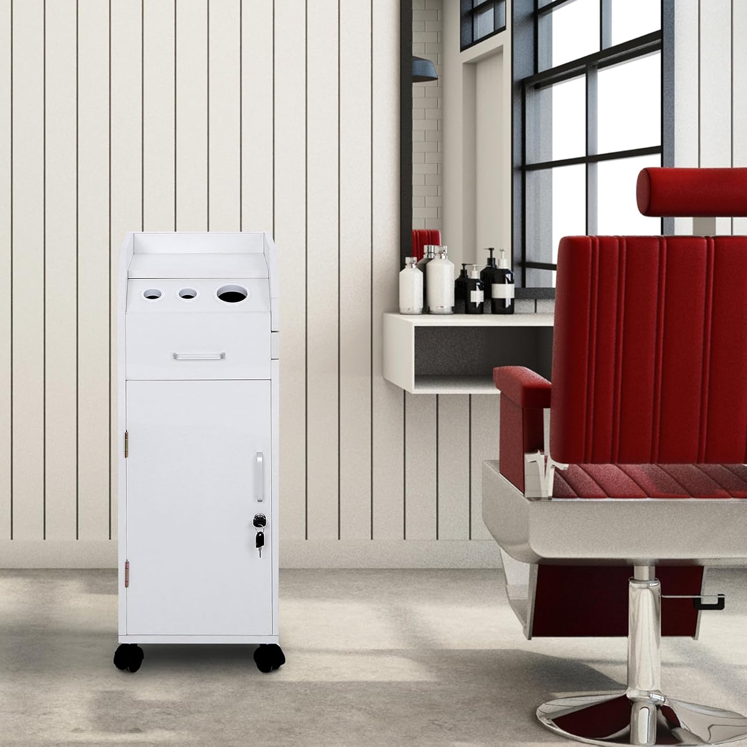 Rolling Hair Salon Storage Cart with Wheels & 3 Hair Dryer Holders & Drawers & Lock Hairdressing Tools Station Mobile Makeup Case SPA Utility Trolley,Space Saving Rolling Beauty Cart for Extra Storage