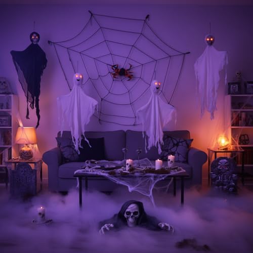 8-Piece Halloween Decorations Set with Glowing Details - Hanging Ghosts, 5.9ft Giant Cobweb, Gravestones, Crawling Skeleton for Outdoor Yard, Patio, Lawn, Garden Scary Decor