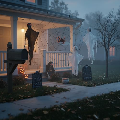 8-Piece Halloween Decorations Set with Glowing Details - Hanging Ghosts, 5.9ft Giant Cobweb, Gravestones, Crawling Skeleton for Outdoor Yard, Patio, Lawn, Garden Scary Decor