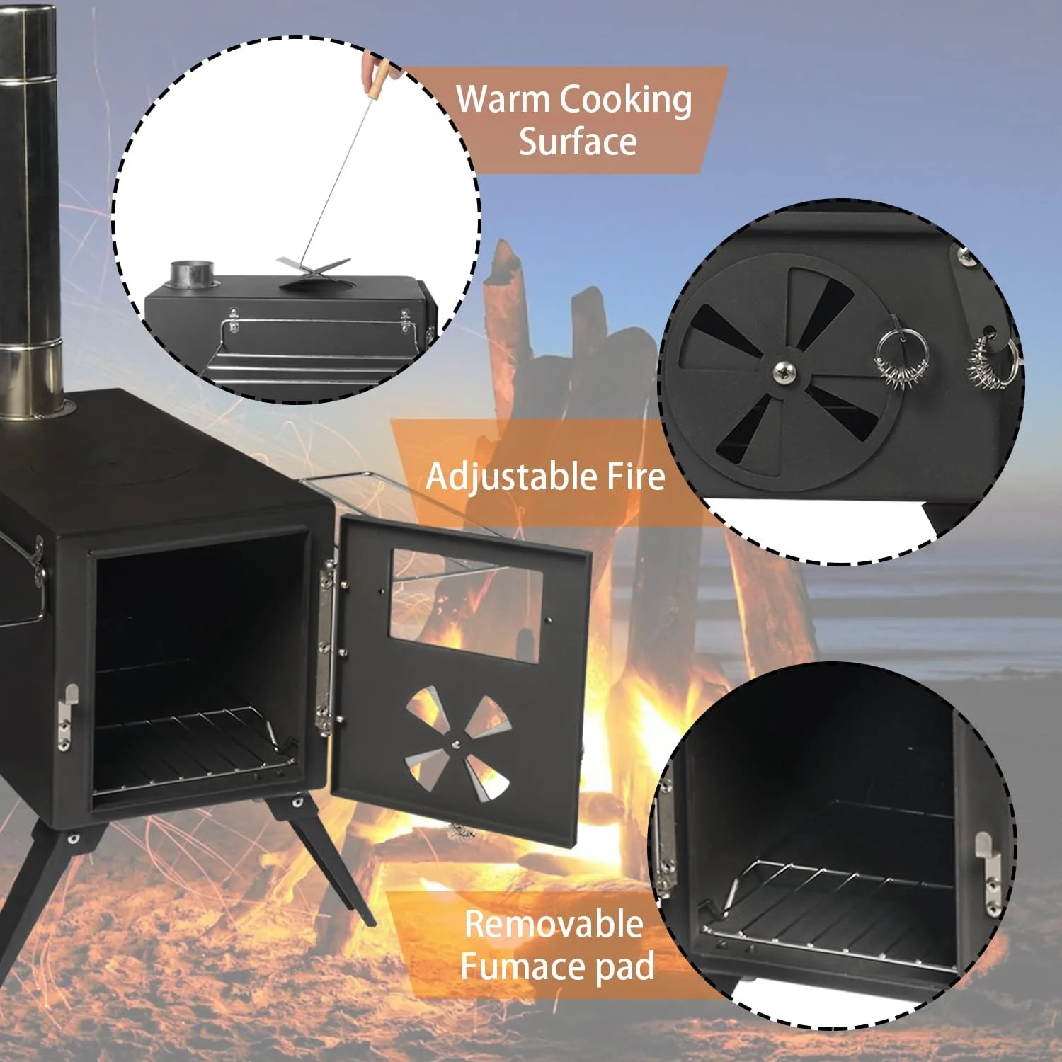 ENSTVER Camping Wood Stove for Tent, Portable Wood Burning Stove for Outdoor Cooking and Heating, Camping with 7 Pipes