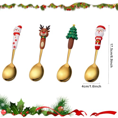 4Pcs Christmas Coffee Spoon Set Creative Santa Snowman Elk Xmas Tree Theme Spoons for Dessert Tea Soup Coffee Stirring Spoons Dinner Tableware Decoration