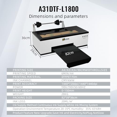 A3 L1800 DTF Printer, Transfer Printing Machine T-Shirt Direct to Film with Continuous Ink Supply,White Ink Mixing, Cycle and Semi-Automatic Cleaning (A31 L1800)