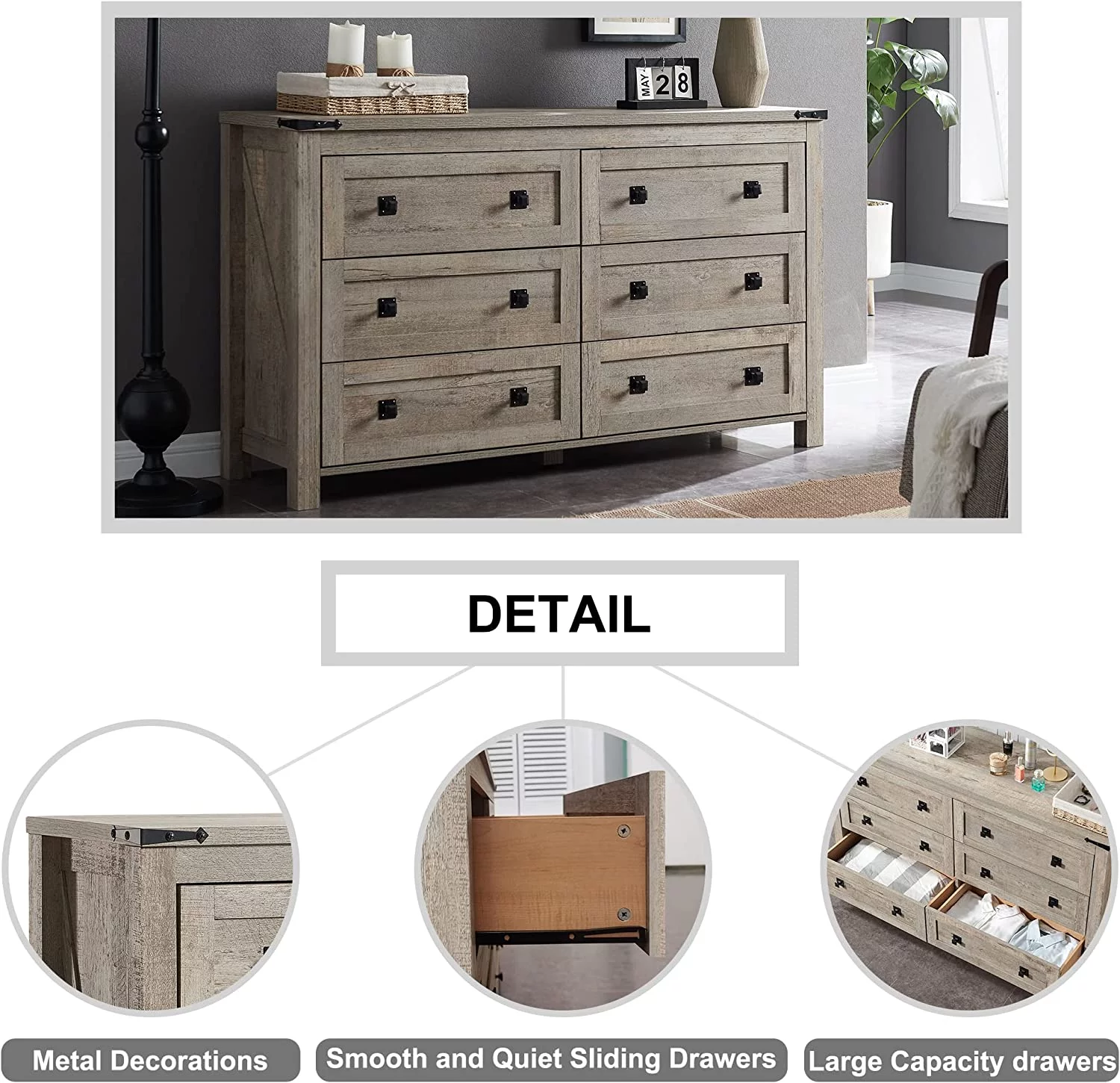 OKD 6 Drawers Dresser Chests for Bedroom Farmhouse, Wood Rustic Tall Chset of Drawers, Light Rustic Oak