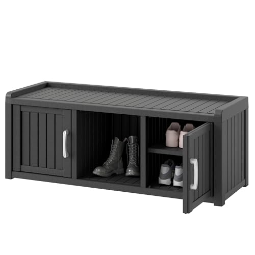 KAMABOKO Shoe Storage Cabinet Waterproof UV-Resistant, Entryway Storage Bench Indoor Outdoor with 2 Doors, Adjustable Shelves for Entryway, Bedroom, Hallway,Living Room(Grey)